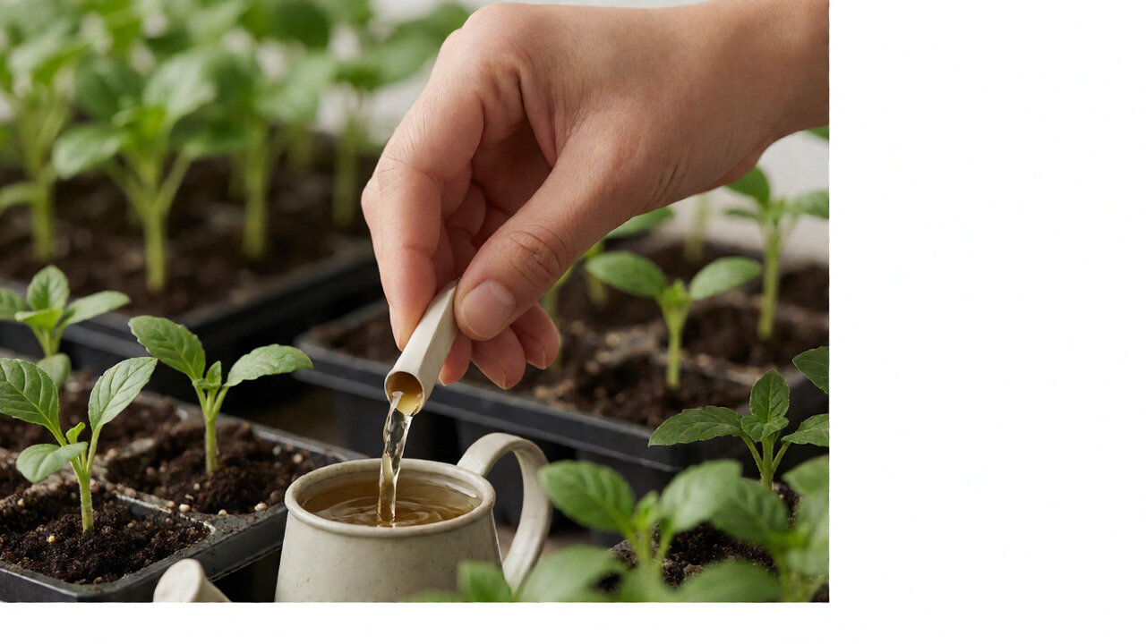 Seedling trays with small green plants under grow lights