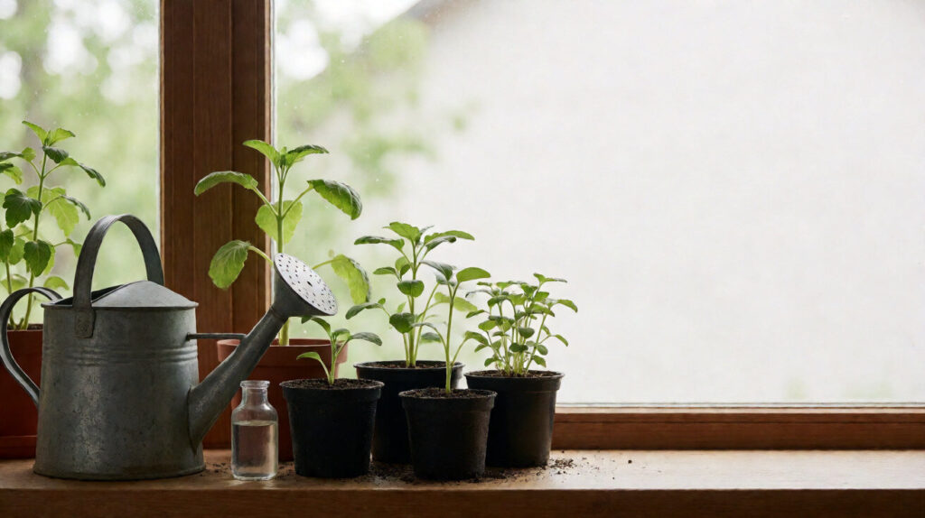Young seedlings in small pots on a windowsill with watering can and fertilizer bottle