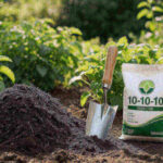 A mound of compost beside a 10-10-10 bag on a garden bed