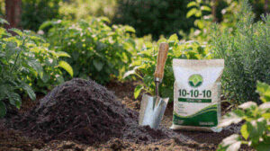 A mound of compost beside a 10-10-10 bag on a garden bed