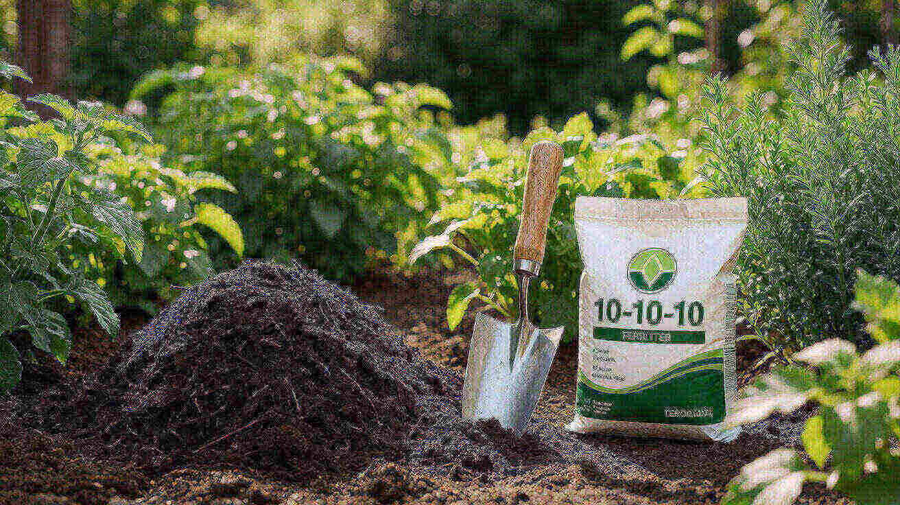 A mound of compost beside a 10-10-10 bag on a garden bed
