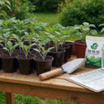 A potting bench with vegetable seedlings, a trowel, a bag of 10-10-10, and a chart clipboard