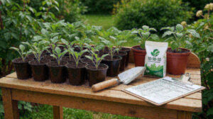 A potting bench with vegetable seedlings, a trowel, a bag of 10-10-10, and a chart clipboard