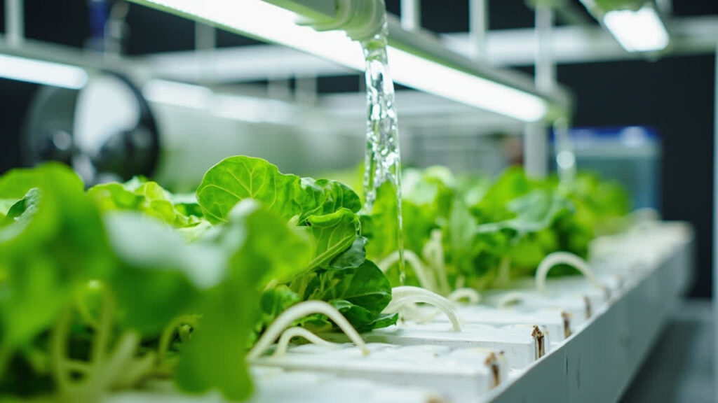 NFT hydroponic channel with lettuce roots in flowing nutrient solution