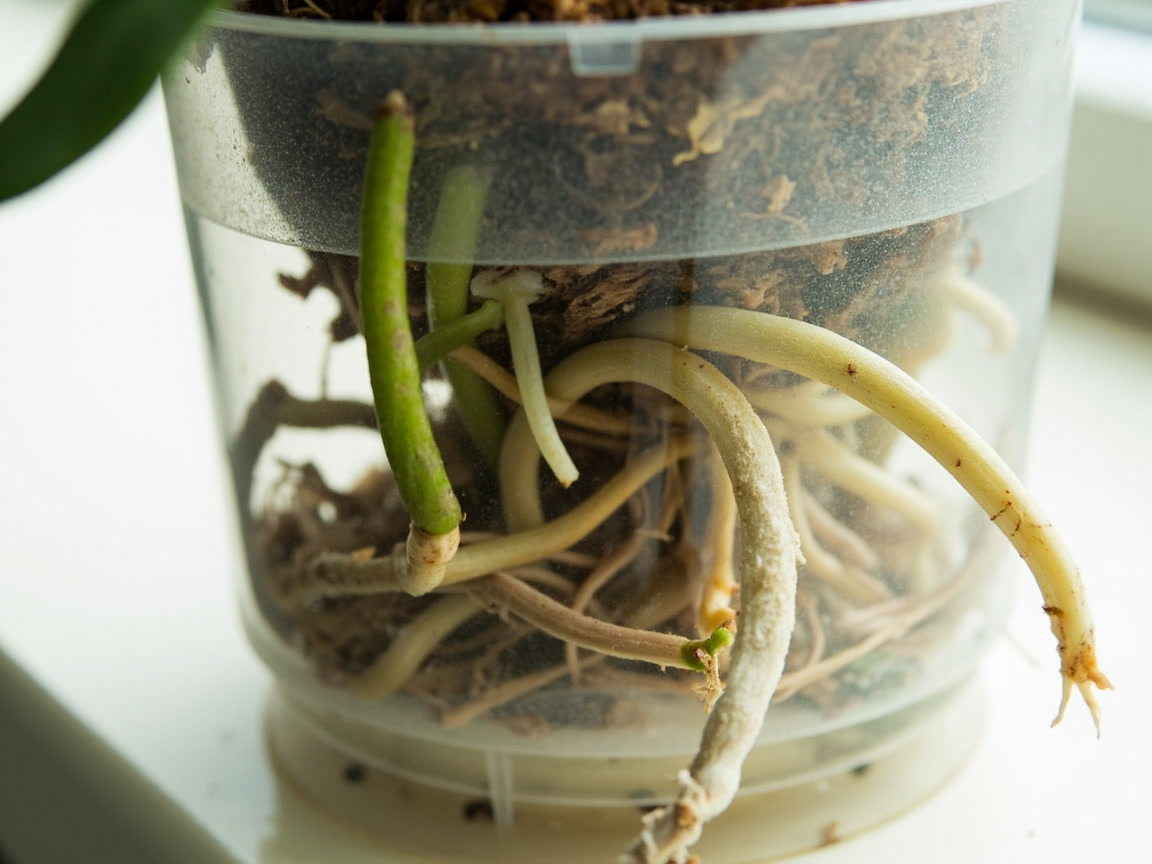 Moth orchid in a clear pot with green and silver roots visible in bark.