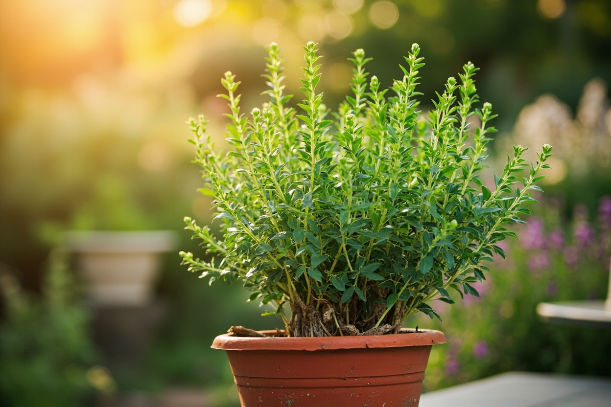 Side view of a mature oregano plant showing woody bare stems at the base with leafy growth only at the tips, demonstrating the leggy growth pattern