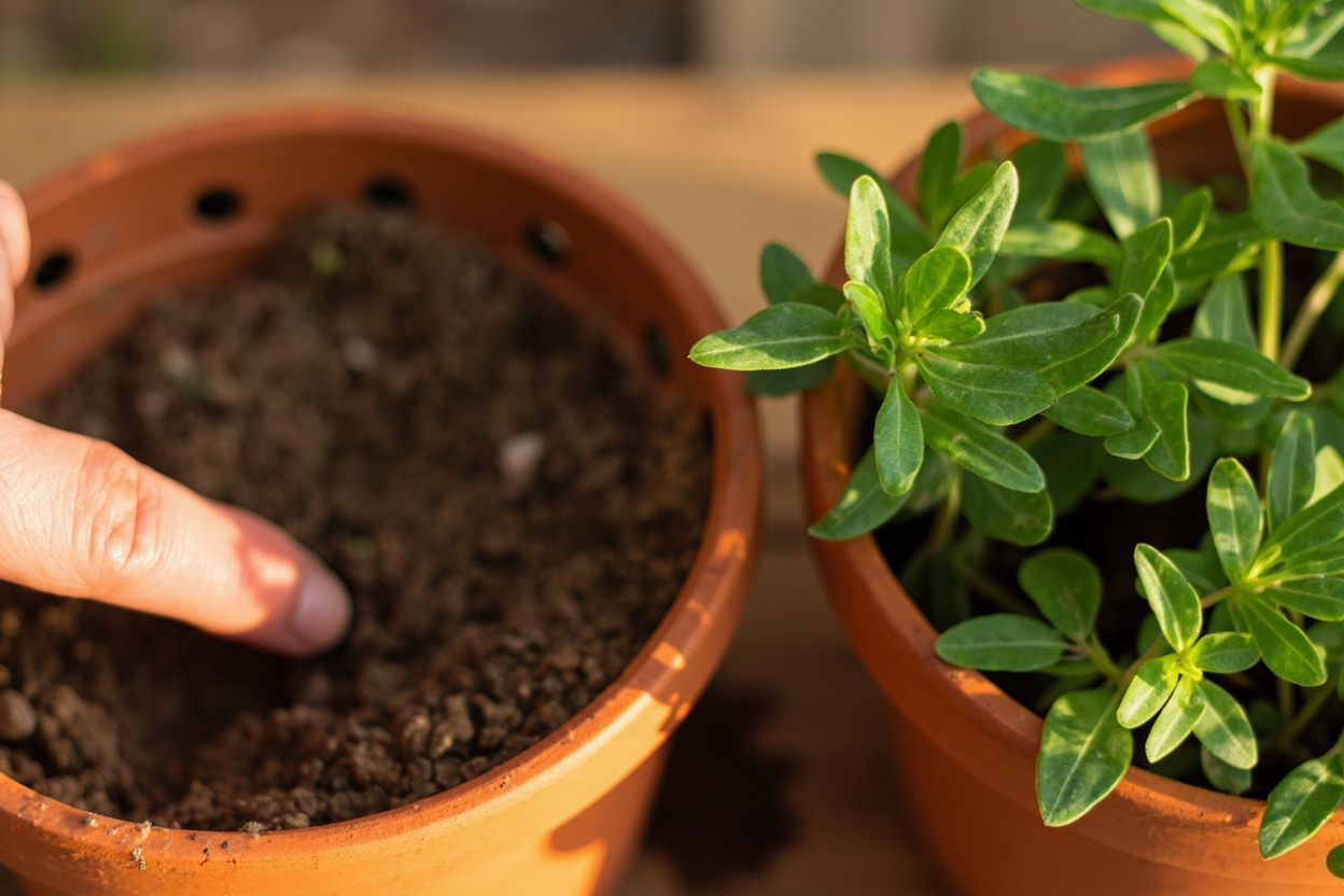 Close-up of oregano leaves showing healthy firm texture alongside a diagram of the finger test for checking soil moisture depth