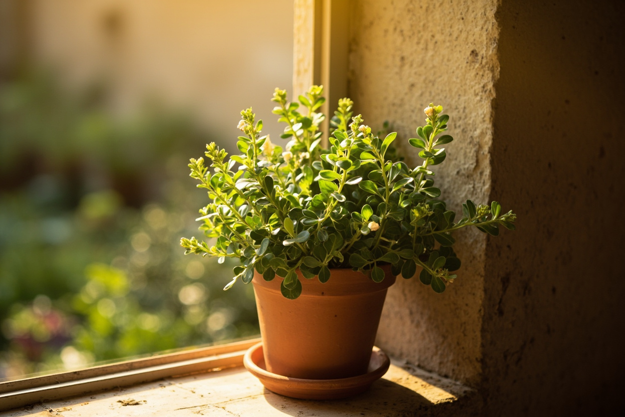 Oregano plant growing in a terracotta pot with well-draining soil, showing healthy green foliage and compact growth habit