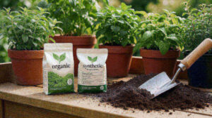 Two bags of fertilizer (organic and synthetic) on a potting bench with soil and trowel
