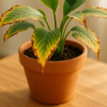 House plant leaves showing yellowing tips and brown crispy edges from nutrient burn