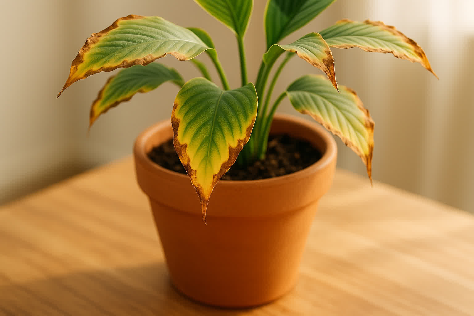 House plant leaves showing yellowing tips and brown crispy edges from nutrient burn