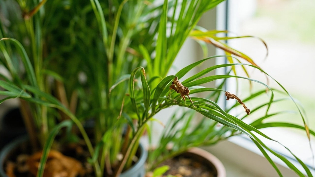 Indoor palm fronds with brown leaflet tips and otherwise green growth near natural window light