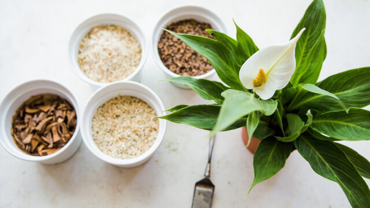 Peace lily potting mix components with perlite and bark for drainage.