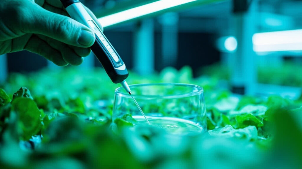 Digital pH meter pen testing clear hydroponic nutrient solution
