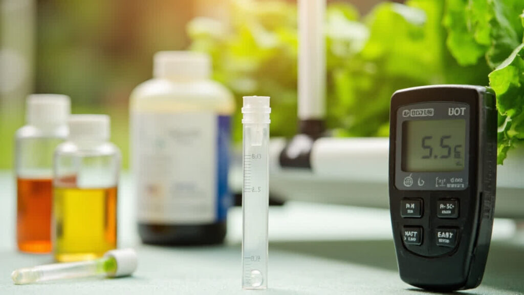 pH testing strip and meter beside hydroponic lettuce raft system