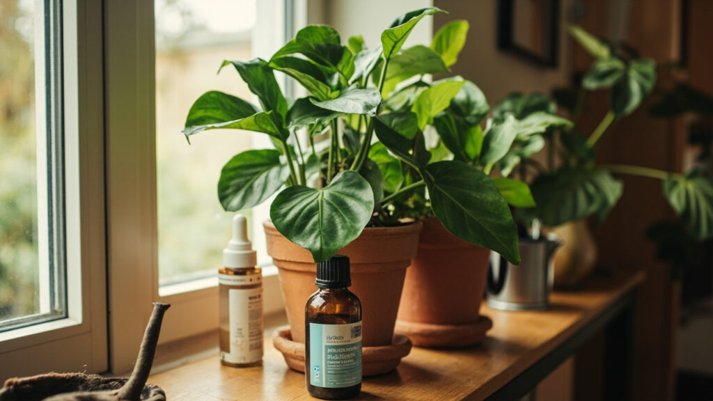 Heartleaf philodendron in a terracotta pot beside a small bottle of diluted liquid houseplant fertilizer on a wooden shelf