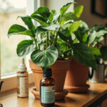 Heartleaf philodendron in a terracotta pot beside a small bottle of diluted liquid houseplant fertilizer on a wooden shelf