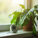 A small digital hygrometer next to a healthy heartleaf philodendron on a bright indoor shelf, soft daylight with a hint of morning mist on the leaves.