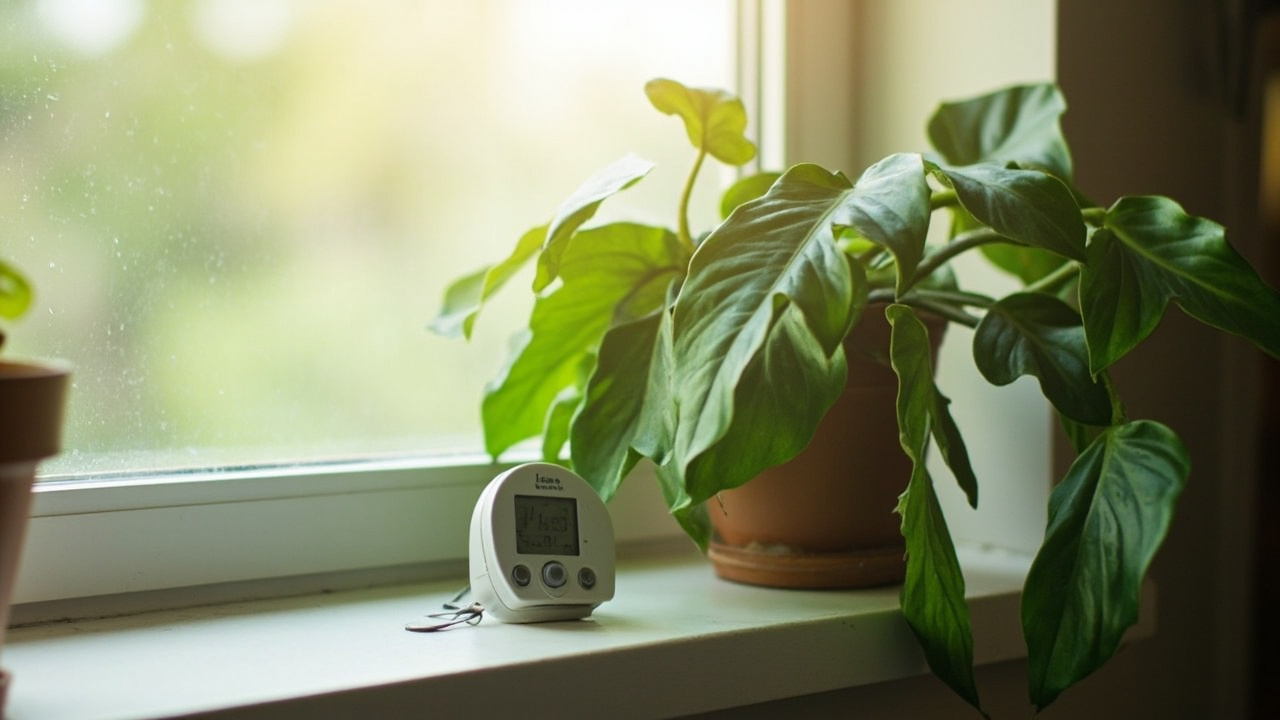 A small digital hygrometer next to a healthy heartleaf philodendron on a bright indoor shelf, soft daylight with a hint of morning mist on the leaves.