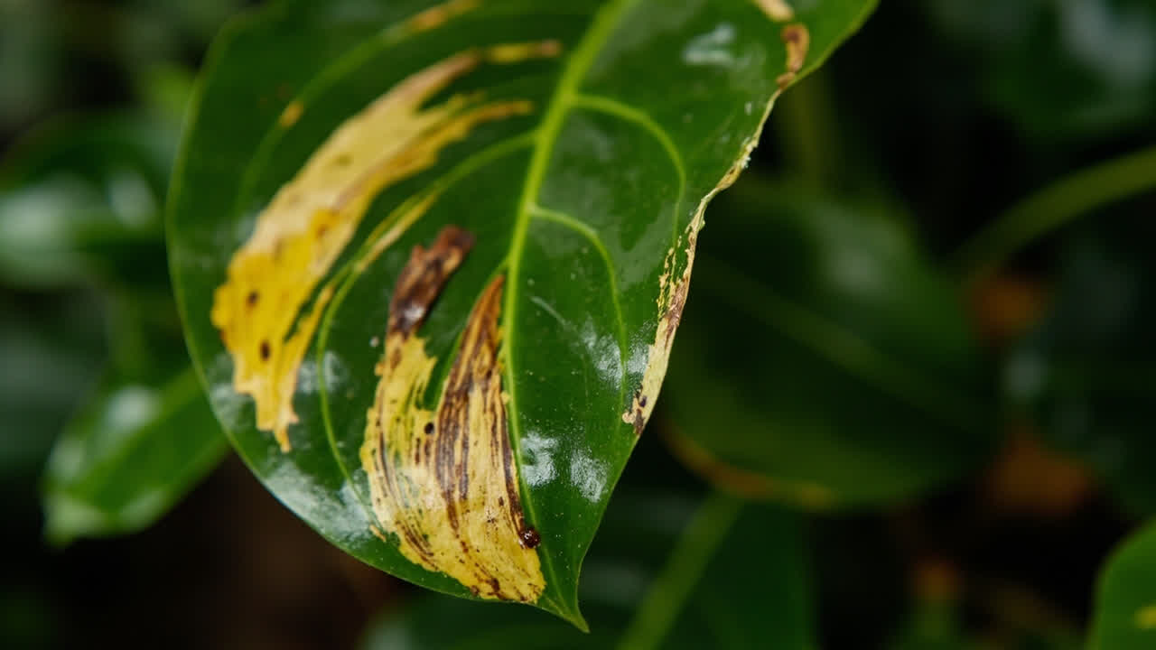 Philodendron leaf showing yellowing at base with brown tips on edges and other leaves still healthy green