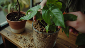 Top-down view of a heartleaf philodendron being repotted into a chunky aroid mix of coco coir, orchid bark, perlite, and worm castings in a clear glass pot.