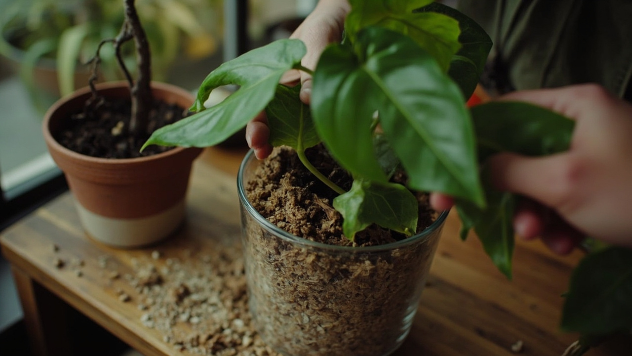 A heartleaf philodendron being repotted into a chunky aroid mix of coco coir, orchid bark, perlite, and worm castings in a clear glass pot on a wooden potting bench.