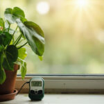 A healthy heartleaf philodendron in a terracotta pot on a windowsill with a small digital thermometer, soft morning daylight.