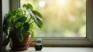 A healthy heartleaf philodendron in a terracotta pot on a windowsill with a small digital thermometer, soft morning daylight.