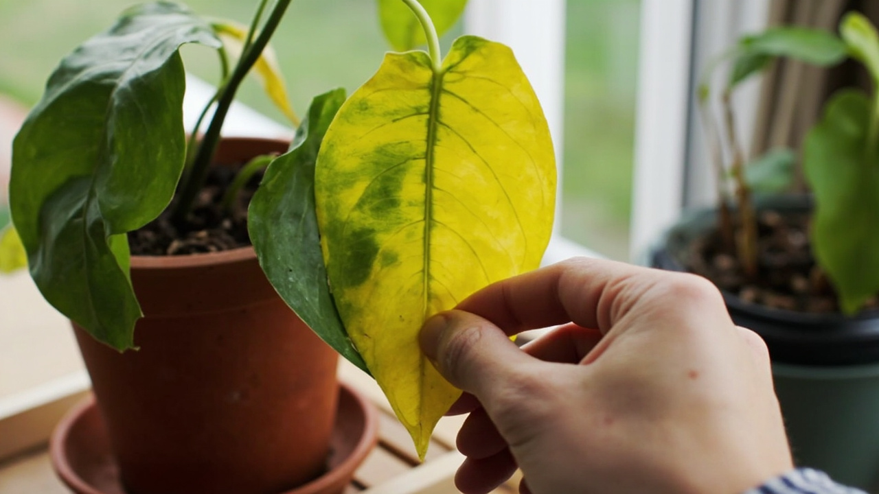 A heartleaf philodendron with one yellowing lower leaf and a fresh new green leaf in a terracotta pot on a wooden shelf.
