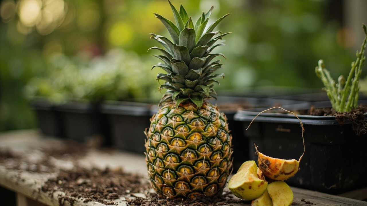 Prepared pineapple crown removed from store-bought fruit ready for planting