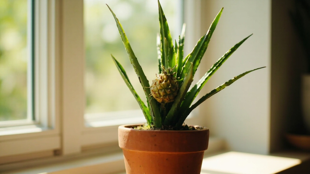 Pineapple crown preparation for water rooting — cleaned base with root bumps visible