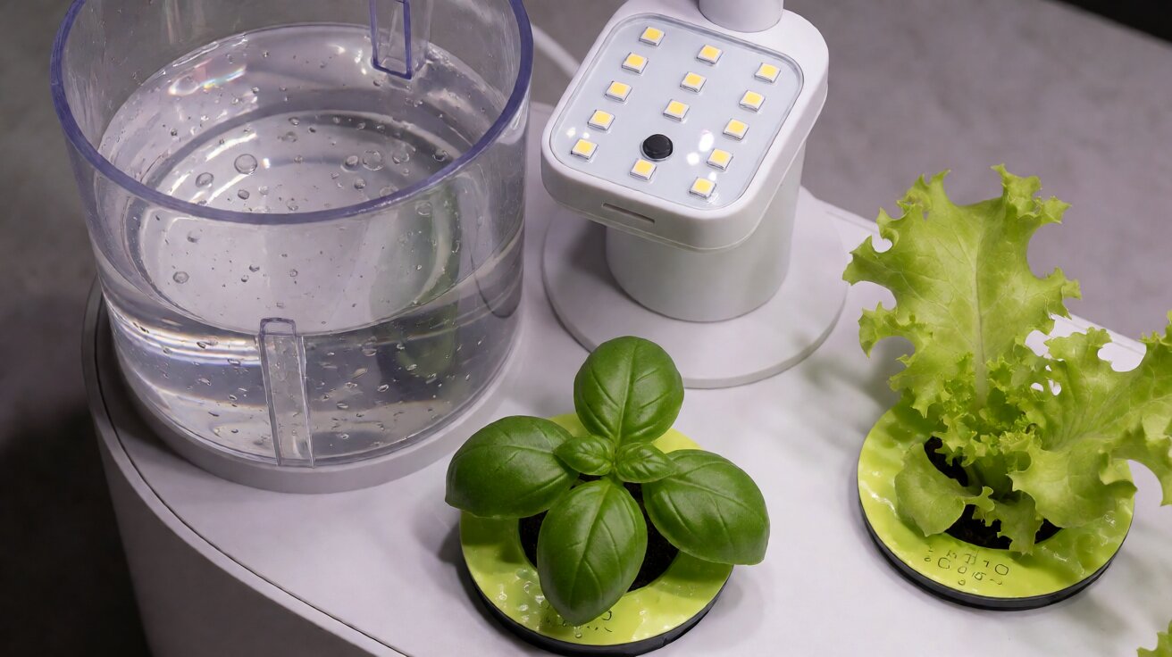 Countertop hydroponic kit with reservoir, planter pods, and an integrated LED grow light