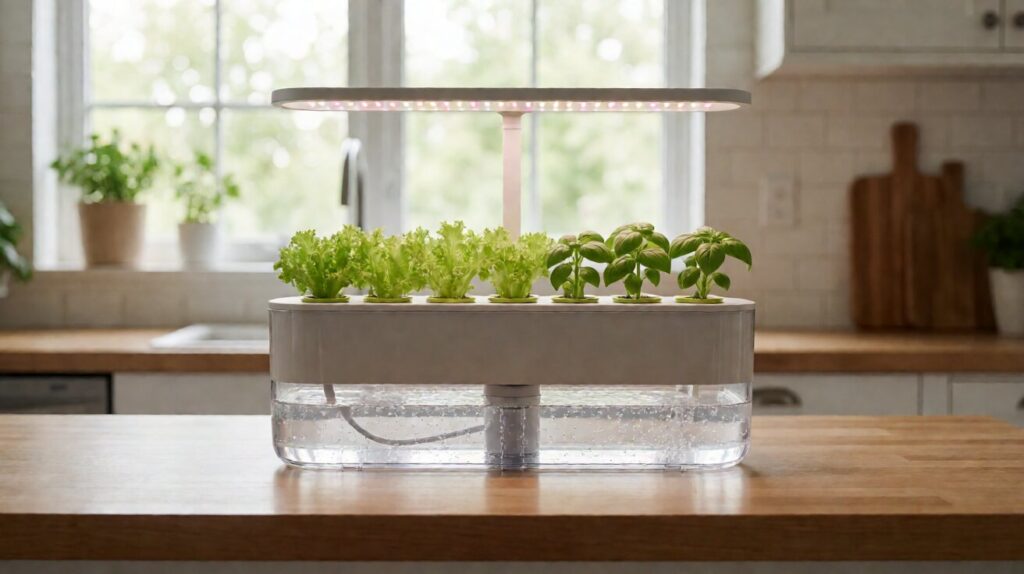 Countertop plug and play hydroponic kit with reservoir, pods, and integrated light on a kitchen counter