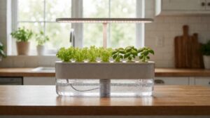Countertop plug and play hydroponic kit with reservoir, pods, and integrated light on a kitchen counter