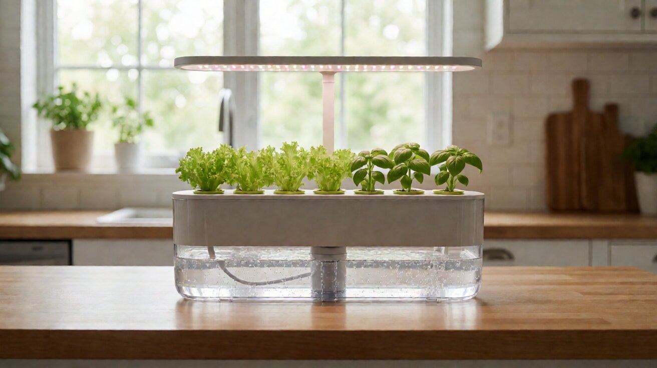 Countertop plug and play hydroponic kit with reservoir, pods, and integrated light on a kitchen counter