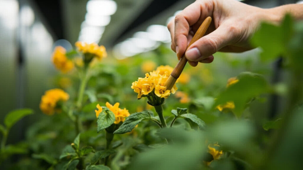 Hand pollinating hydroponic tomato flowers with a soft brush in an indoor grow tent