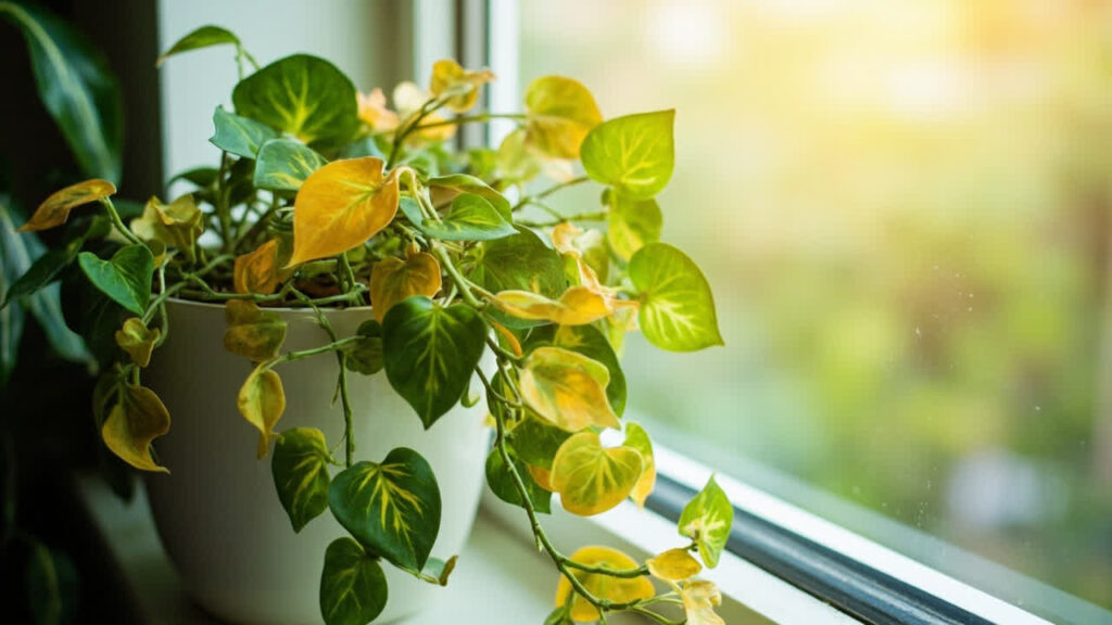 Golden Pothos plant cascading from a white ceramic pot on a sunny windowsill