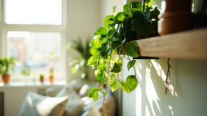 A pothos plant trailing from a shelf with fresh green heart-shaped leaves