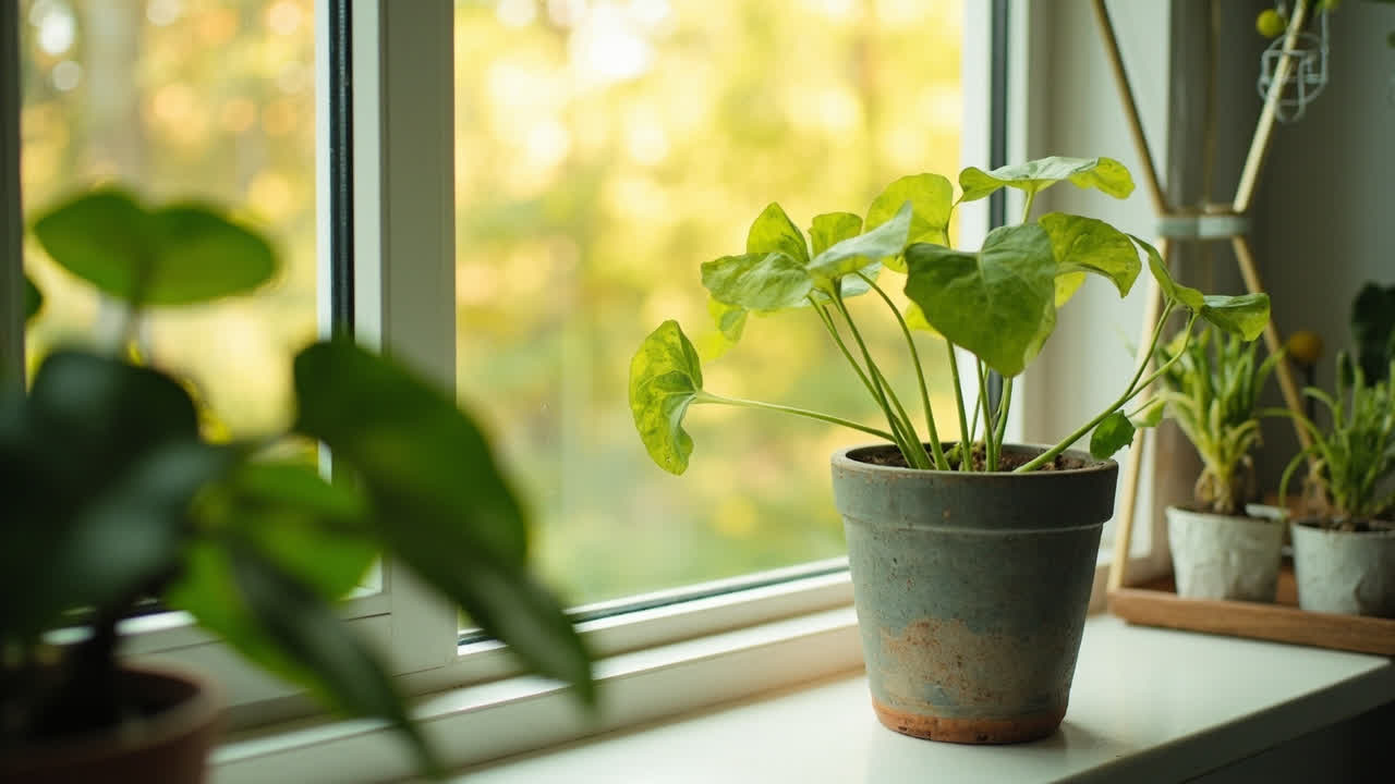 Golden pothos plant in ceramic pot on bright windowsill with natural light