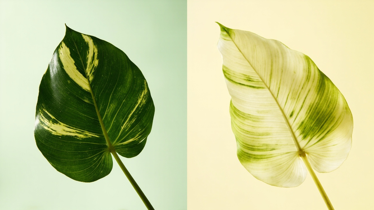 Two pothos leaves showing vibrant variegation in good light and washed-out color in low light