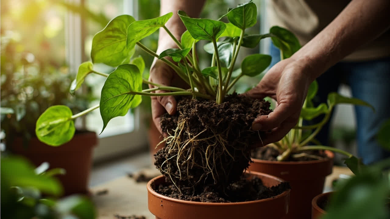 Repotting a Pothos from a root-bound pot into fresh soil mix — the point where the plant tells you it needs more room