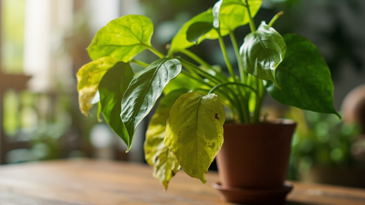 Pothos plant showing yellowing leaves from overwatering and root rot