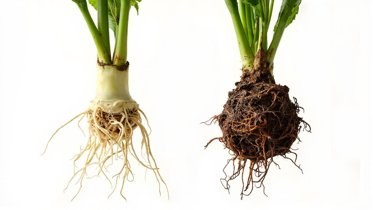 Healthy white roots versus rotting dark roots on Pothos plant