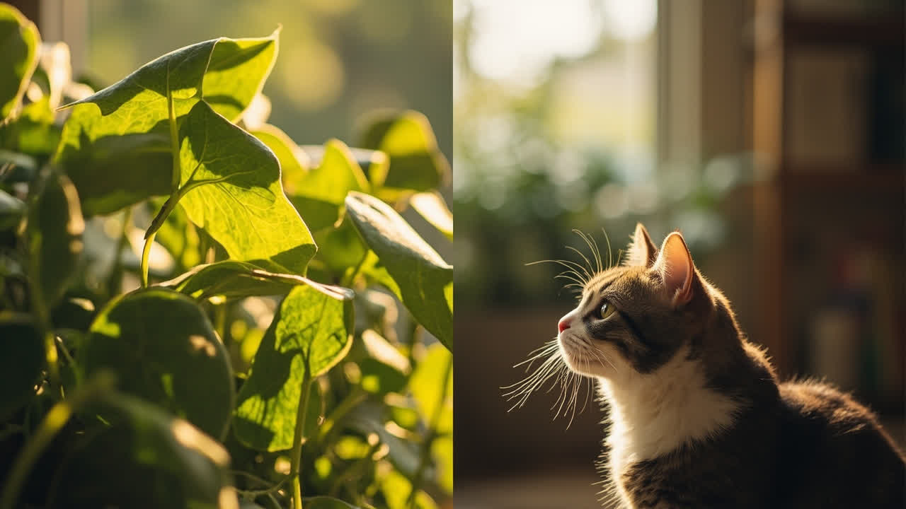 Golden pothos plant and curious cat in a home interior — illustrating the need to keep toxic plants away from pets