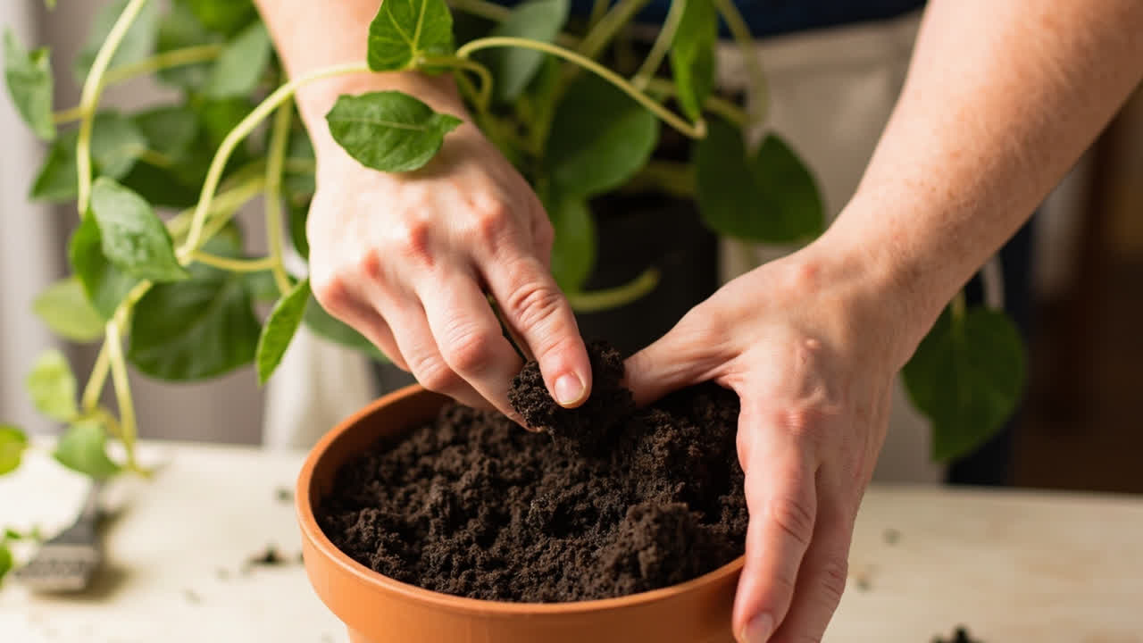 Finger test checking soil moisture for Pothos plant watering