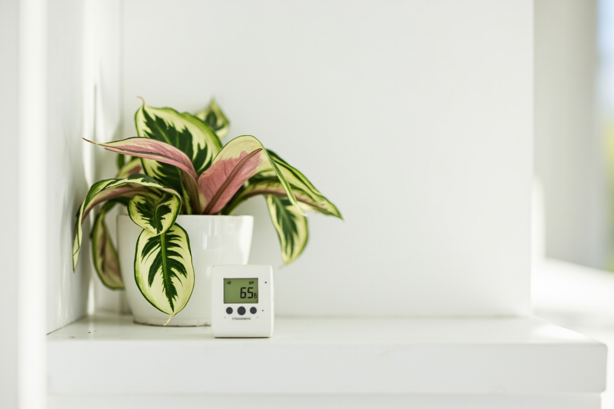 A prayer plant grouped with pothos and other tropicals near a small humidifier on a windowsill