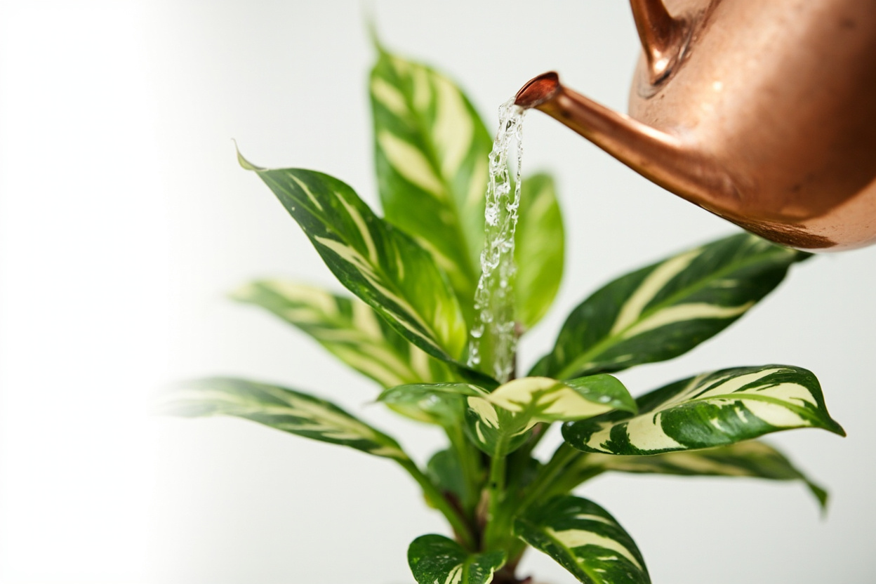 Close-up of brown leaf tips on a prayer plant caused by fluoride accumulation from tap water