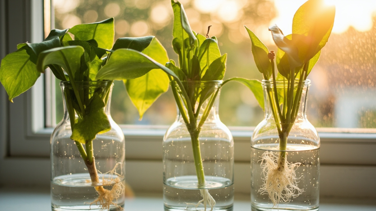 Three prayer plant stem cuttings rooting in clear glass vases on a windowsill, one showing white root nubs at the node, golden hour side-light