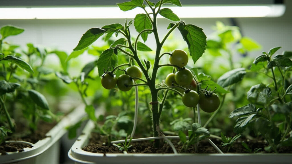 Pruned and staked hydroponic cherry tomato plant in a DWC bucket with string trellis support