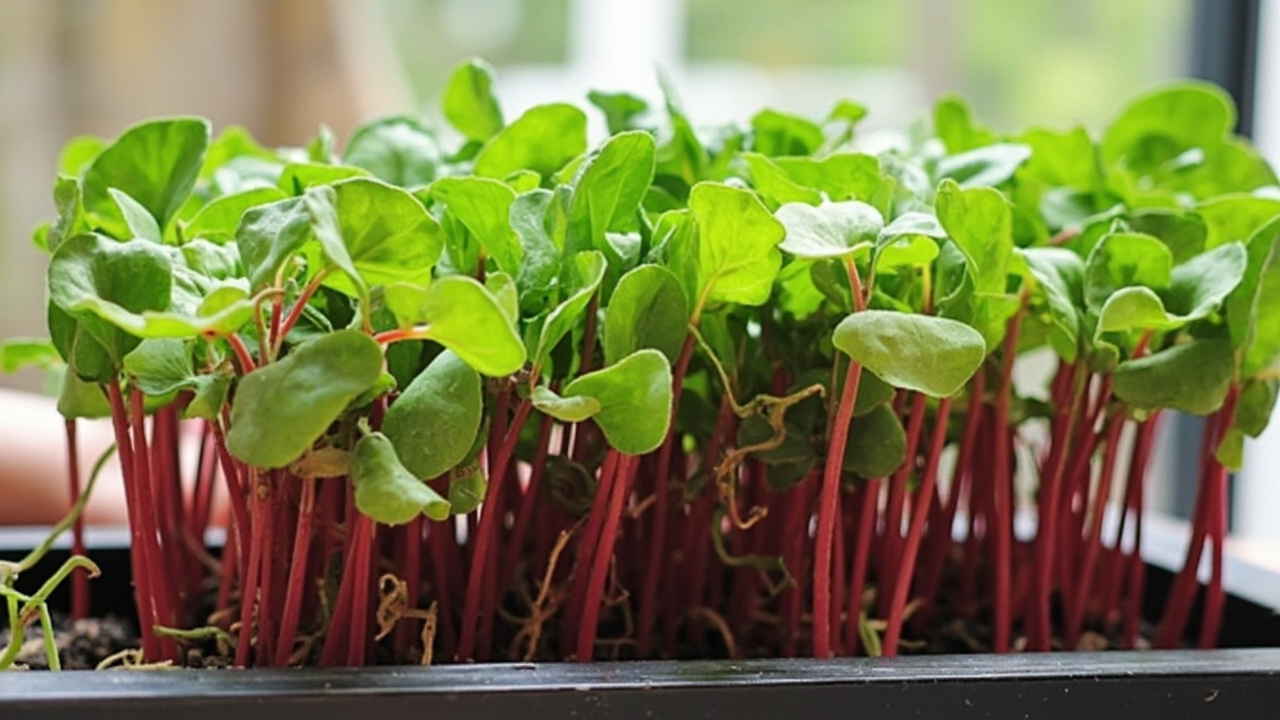 Tray of radish microgreens with red stems growing indoors.